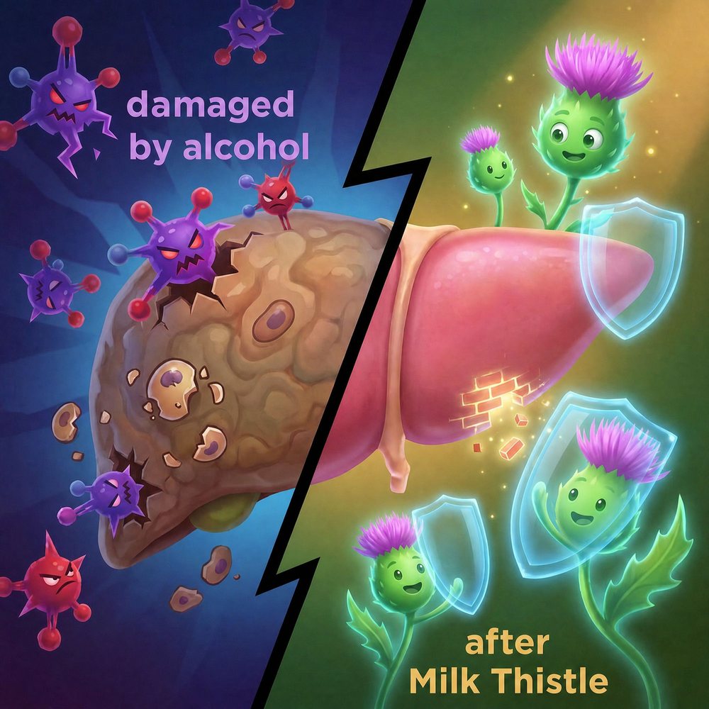 A liver damaged by alcohol beside one protected by milk thistle